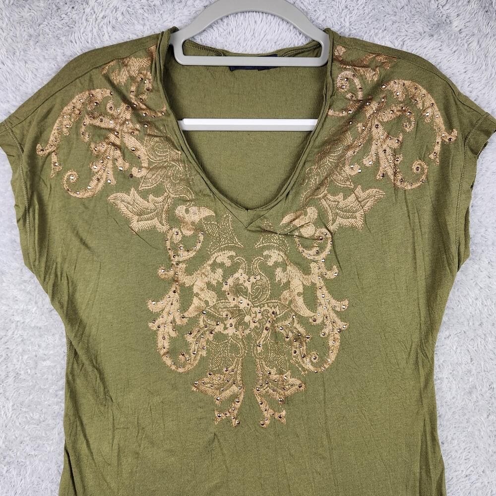 Vintage Seven7 Shirt Womens Medium Green Fairy Elf Rhinestone Floral Boho Top